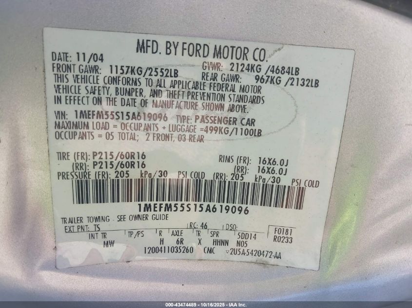 2005 Mercury Sable Ls VIN: 1MEFM55S15A619096 Lot: 43474489