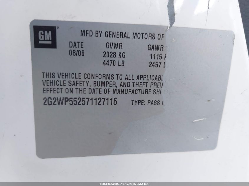 2007 Pontiac Grand Prix VIN: 2G2WP552571127116 Lot: 43474505