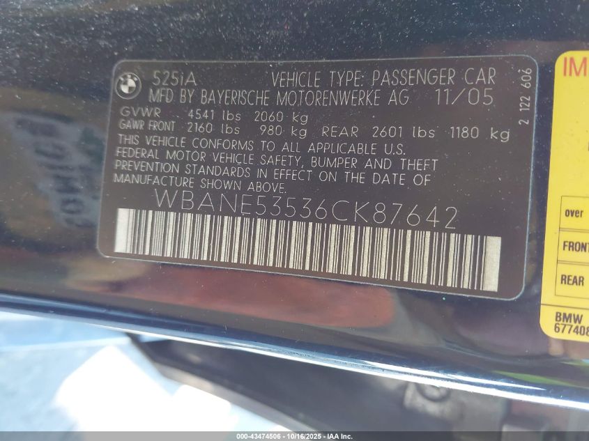 2006 BMW 525I VIN: WBANE53536CK87642 Lot: 43474506