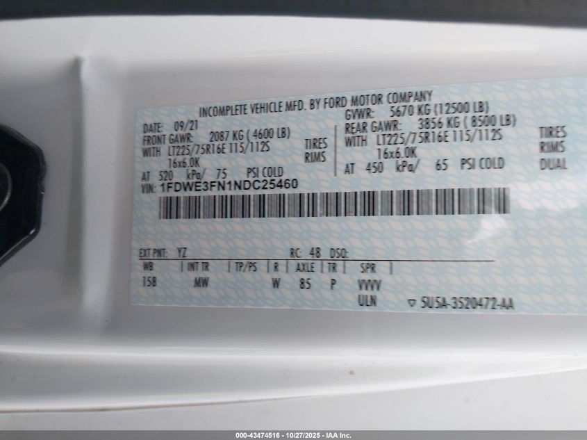 2022 Ford E-350 Cutaway VIN: 1FDWE3FN1NDC25460 Lot: 43474516