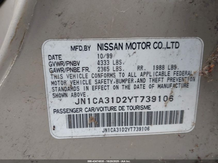 2000 Nissan Maxima Gle/Gxe/Se VIN: JN1CA31D2YT739106 Lot: 43474535