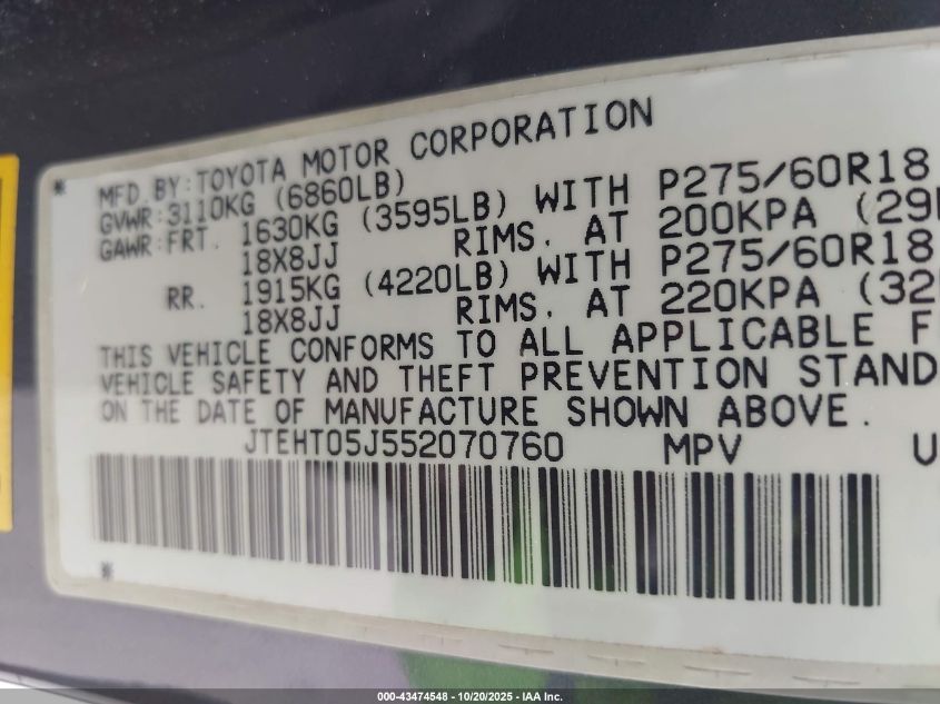 2005 Toyota Land Cruiser V8 VIN: JTEHT05J552070760 Lot: 43474548