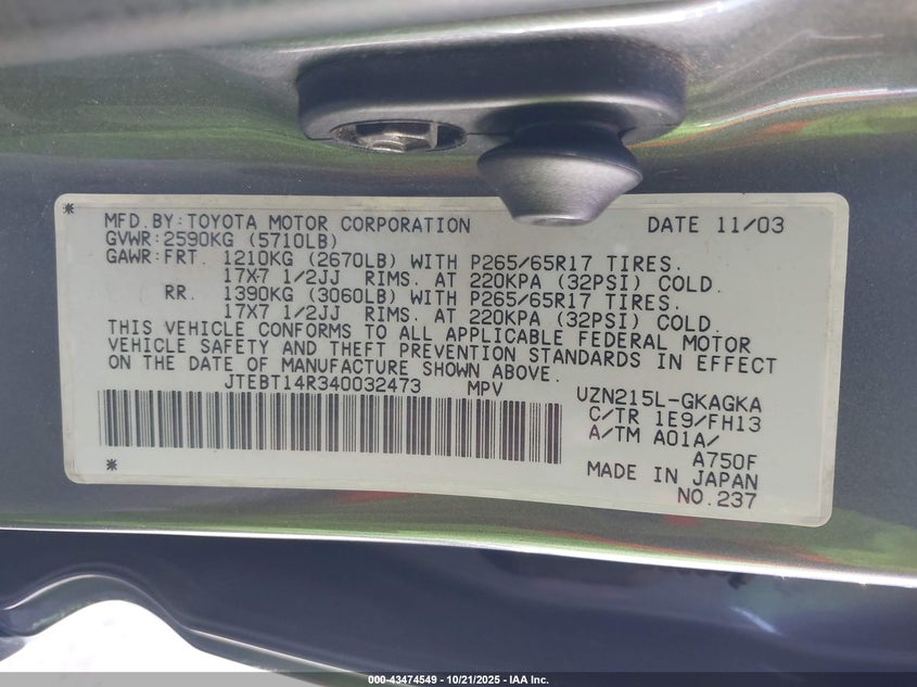 JTEBT14R340032473 2004 TOYOTA 4RUNNER photo no. 9