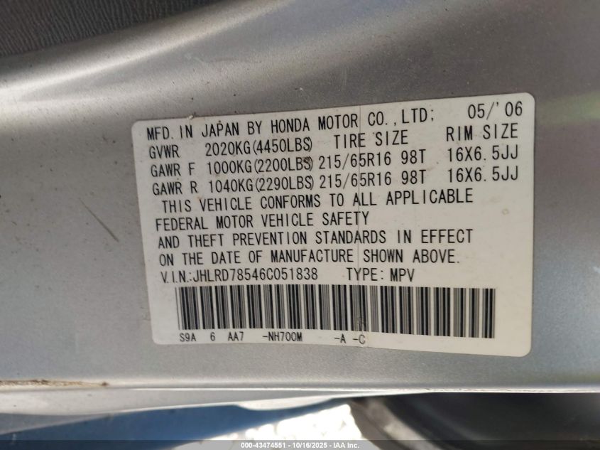 2006 Honda Cr-V Lx VIN: JHLRD78546C051838 Lot: 43474551