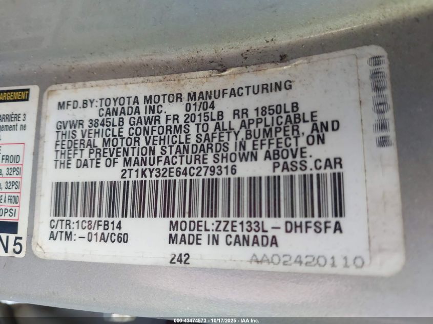 2004 Toyota Matrix Xrs VIN: 2T1KY32E64C279316 Lot: 43474573