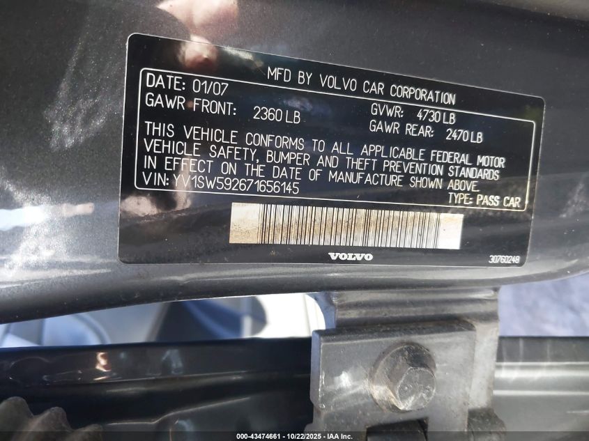 2007 Volvo V70 2.5T VIN: YV1SW592671656145 Lot: 43474661
