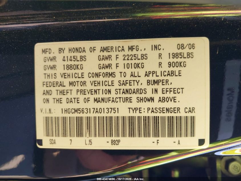 2007 Honda Accord 2.4 Se VIN: 1HGCM56317A013751 Lot: 43474696