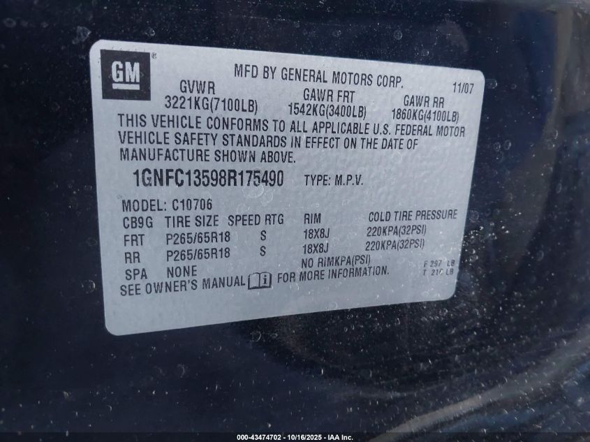 2008 Chevrolet Tahoe Hybrid VIN: 1GNFC13598R175490 Lot: 43474702