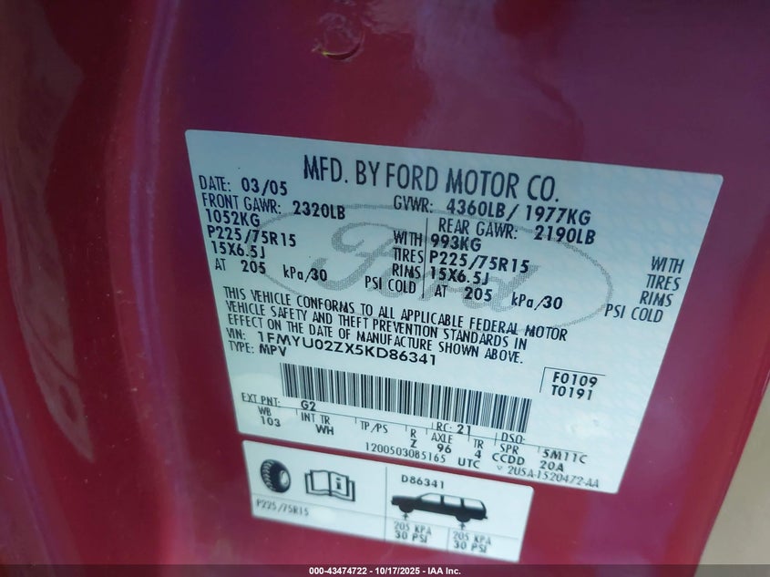 1FMYU02ZX5KD86341 2005 FORD ESCAPE photo no. 9