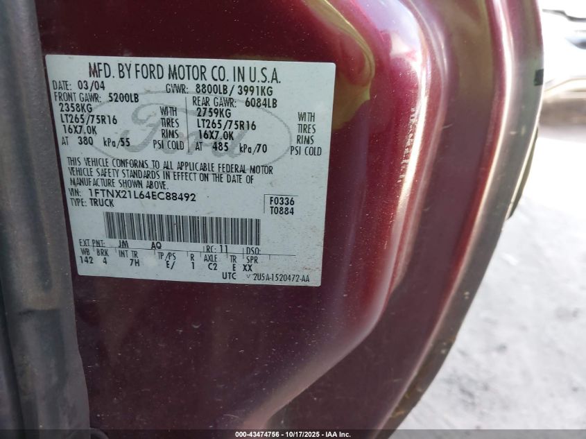2004 Ford F-250 Lariat/Xl/Xlt VIN: 1FTNX21L64EC88492 Lot: 43474756