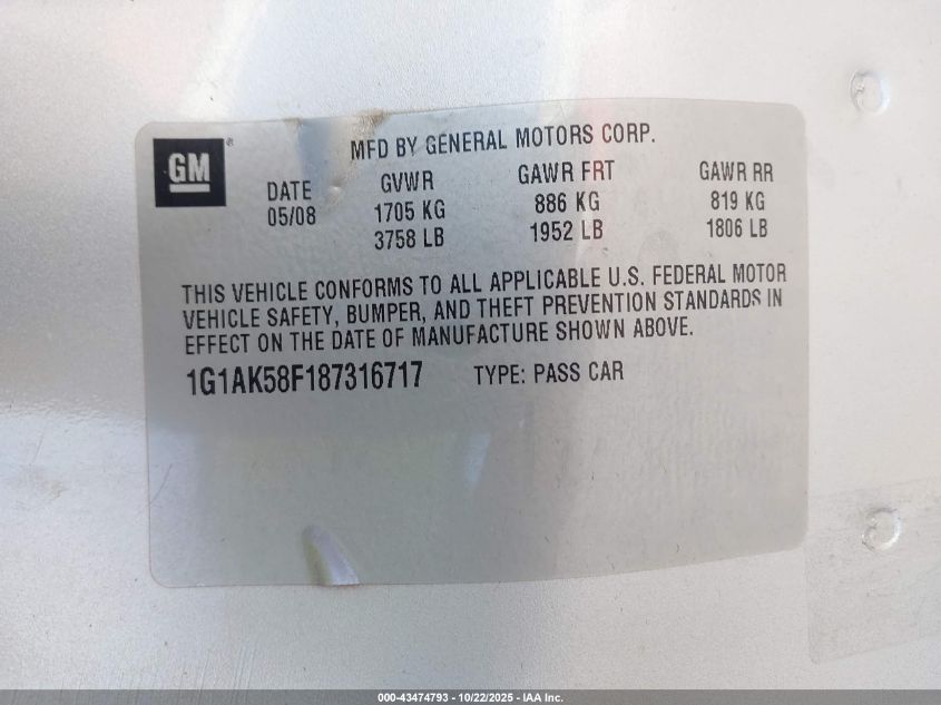 2008 Chevrolet Cobalt Ls VIN: 1G1AK58F187316717 Lot: 43474793