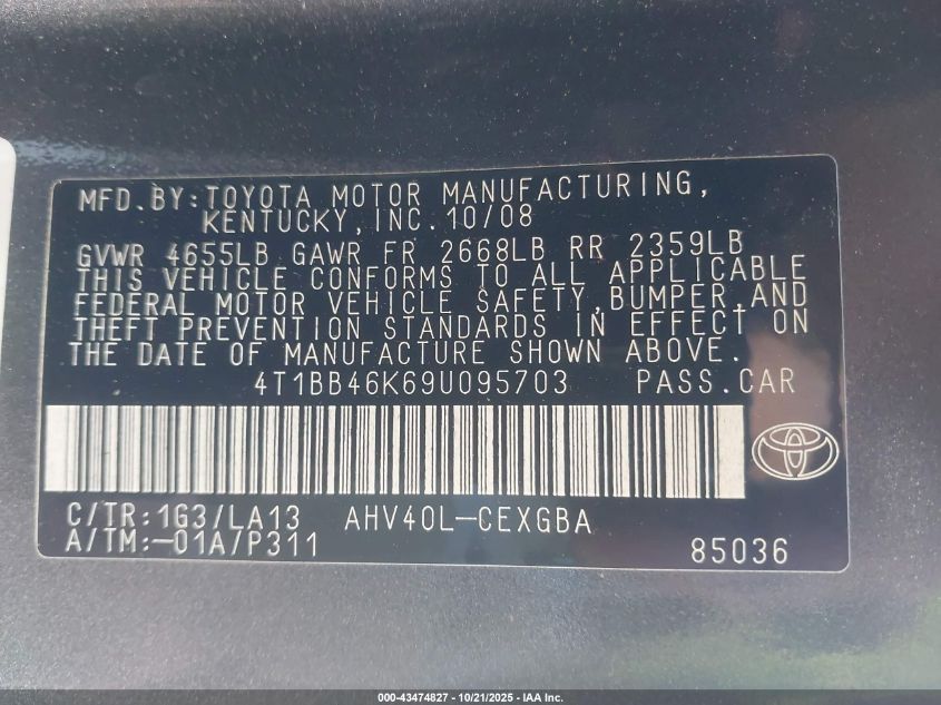2009 Toyota Camry Hybrid VIN: 4T1BB46K69U095703 Lot: 43474827