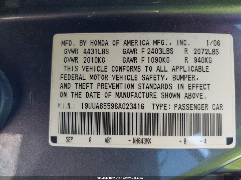 2006 Acura Tl VIN: 19UUA65596A023416 Lot: 43474832