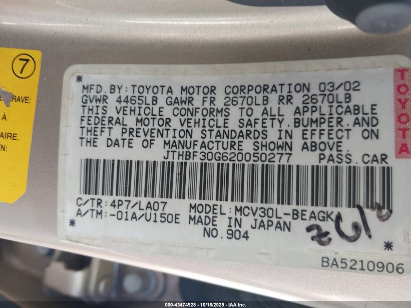 2002 Lexus Es 300 VIN: JTHBF30G620050277 Lot: 43474928