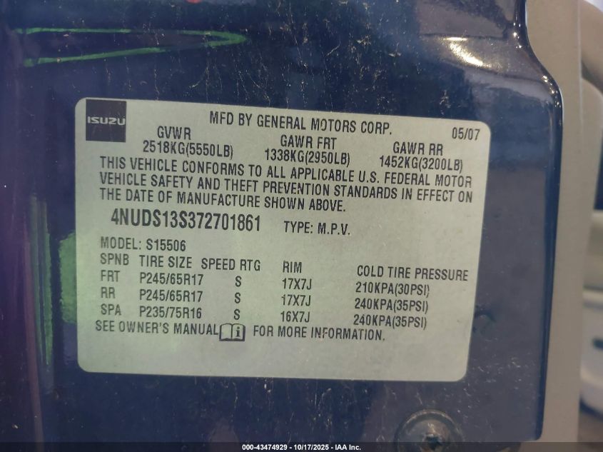 2007 Isuzu Ascender S VIN: 4NUDS13S372701861 Lot: 43474929