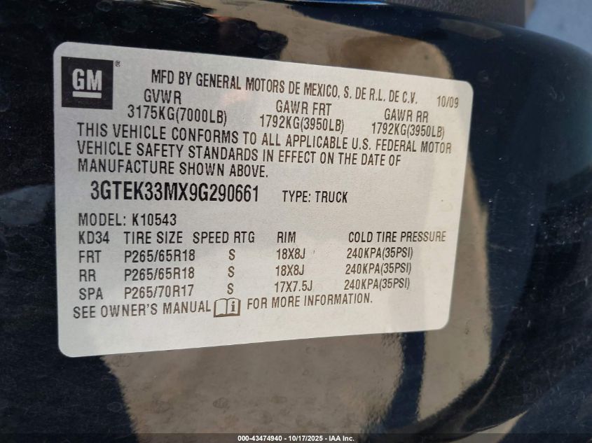 2009 GMC Sierra 1500 Slt VIN: 3GTEK33MX9G290661 Lot: 43474940
