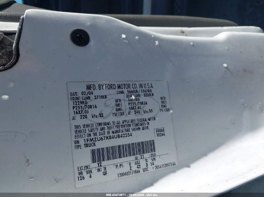 2004 Ford Explorer Sport Trac Adrenalin/Xls/Xlt VIN: 1FMZU67K84UB42354 Lot: 43474971