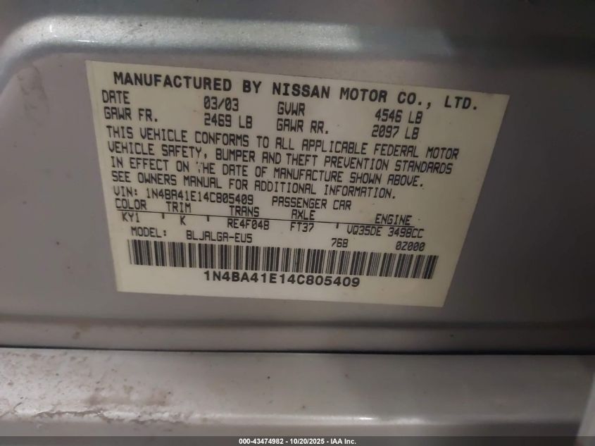 2004 Nissan Maxima 3.5 Sl VIN: 1N4BA41E14C805409 Lot: 43474982