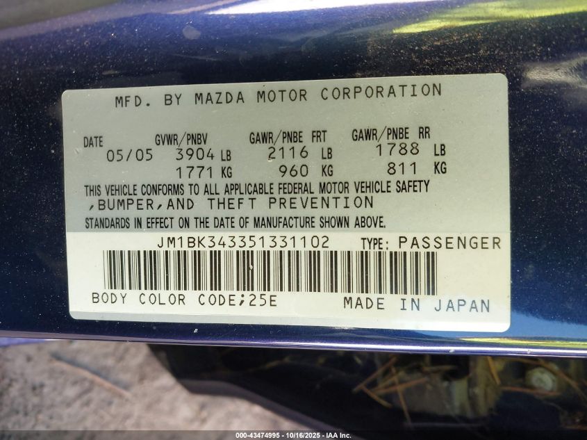 2005 Mazda Mazda3 S VIN: JM1BK343351331102 Lot: 43474995