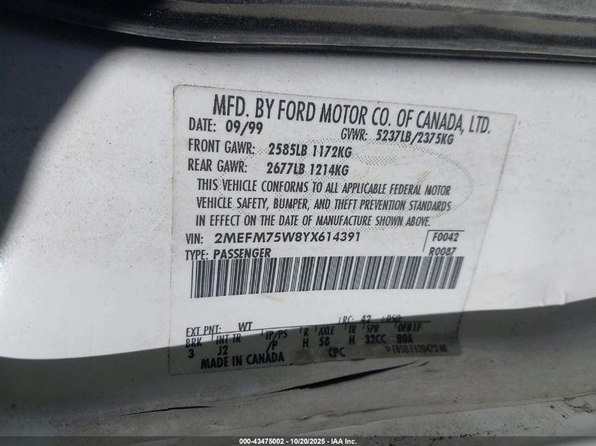 2000 Mercury Grand Marquis Ls VIN: 2MEFM75W8YX614391 Lot: 43475002