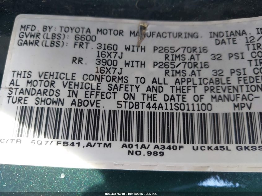 2001 Toyota Sequoia Sr5 V8 VIN: 5TDBT44A11S011100 Lot: 43475010