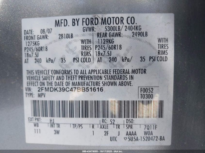 2007 Ford Edge Sel Plus VIN: 2FMDK39C47BB51616 Lot: 43475059