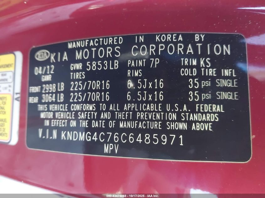 2012 Kia Sedona Lx VIN: KNDMG4C7XC6487075 Lot: 43475068