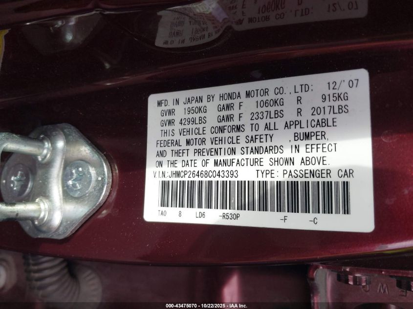 2008 Honda Accord 2.4 Lx-P VIN: JHMCP26468C043393 Lot: 43475070