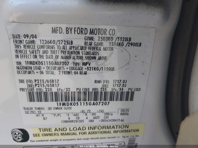 1FMDK05115GA07207 2005 FORD FREESTYLE photo no. 9