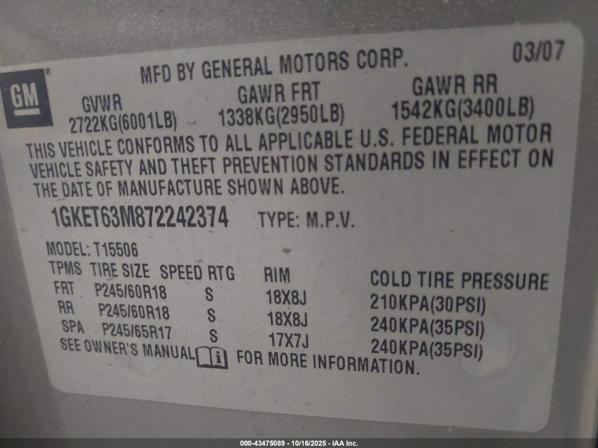 2007 GMC Envoy Denali VIN: 1GKET63M872242374 Lot: 43475089