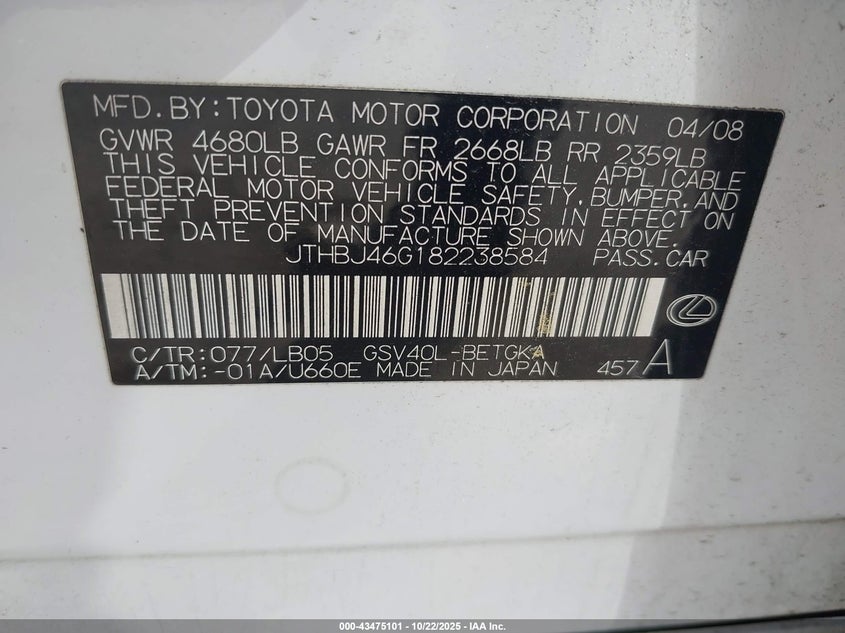 JTHBJ46G182238584 2008 LEXUS ES photo no. 9