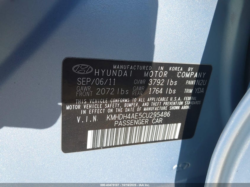 KMHDH4AE5CU295486 2012 HYUNDAI ELANTRA photo no. 9