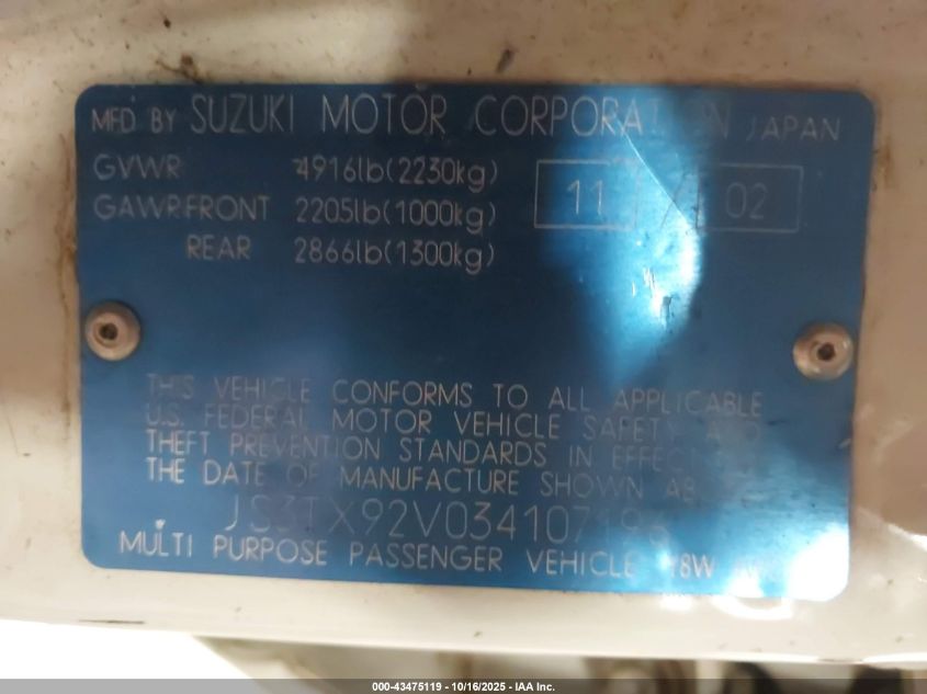 2003 Suzuki Xl-7 Ltd/Touring VIN: JS3TX92V034107196 Lot: 43475119