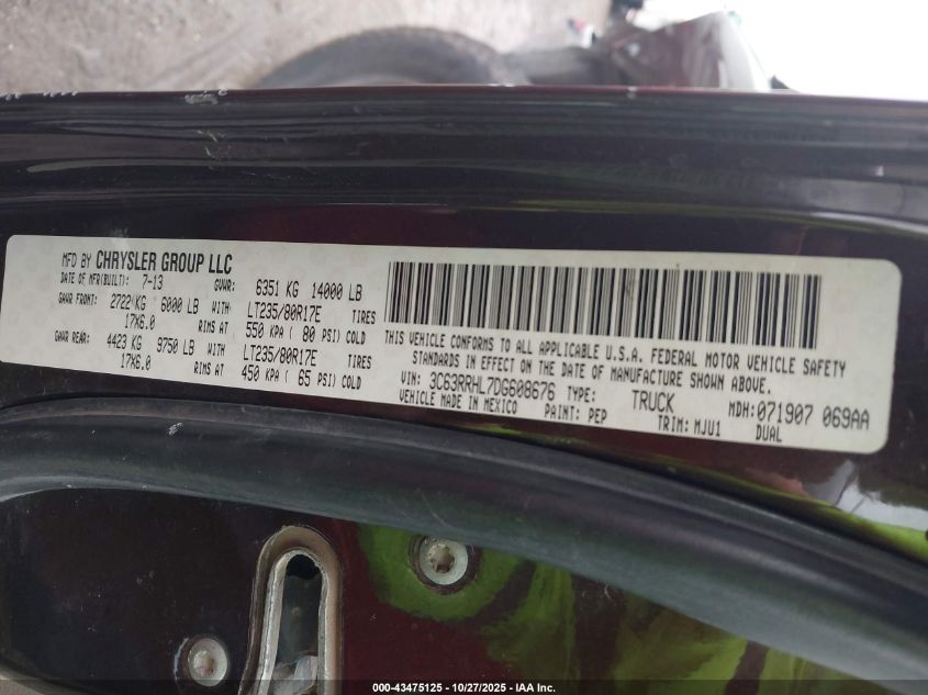 2013 Ram 3500 Big Horn VIN: 3C63RRHL7DG608676 Lot: 43475125