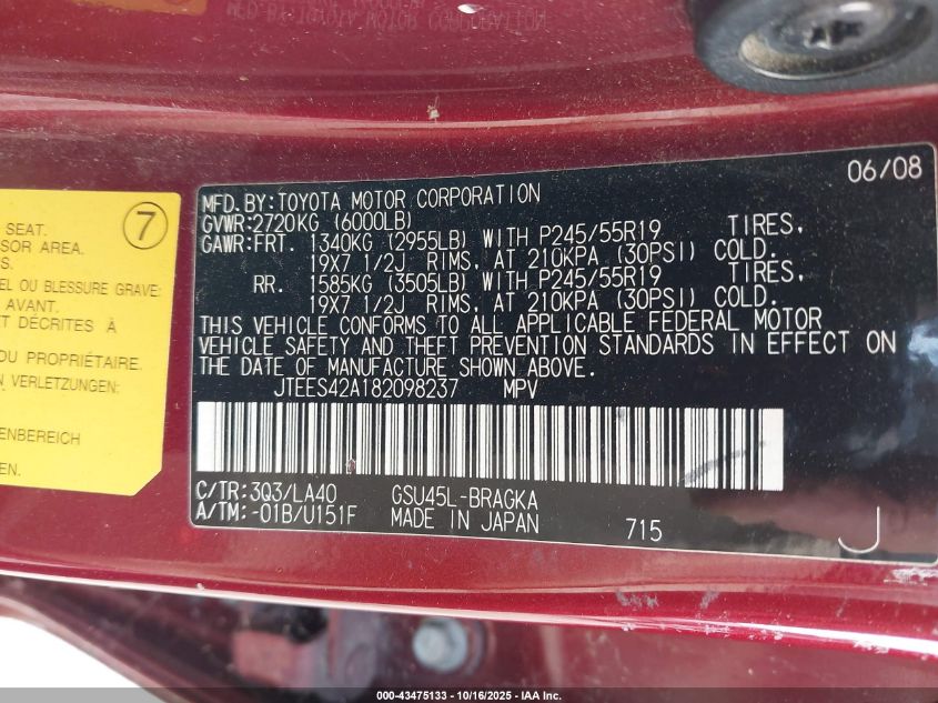 2008 Toyota Highlander Limited VIN: JTEES42A182098237 Lot: 43475133