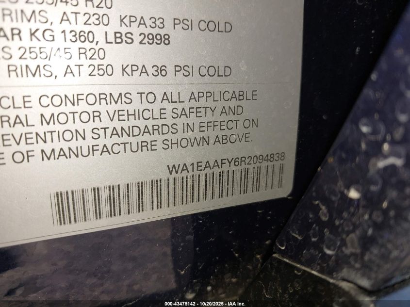 2024 Audi Q5 Premium Plus 45 Tfsi S Line Quattro VIN: WA1EAAFY6R2094838 Lot: 43475142