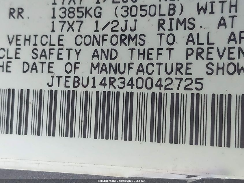 2004 Toyota 4Runner Sr5 Sport V6 VIN: JTEBU14R340042725 Lot: 43475167