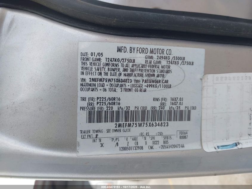 2005 Mercury Grand Marquis Ls/Lse VIN: 2MEFM75W75X634823 Lot: 43475193