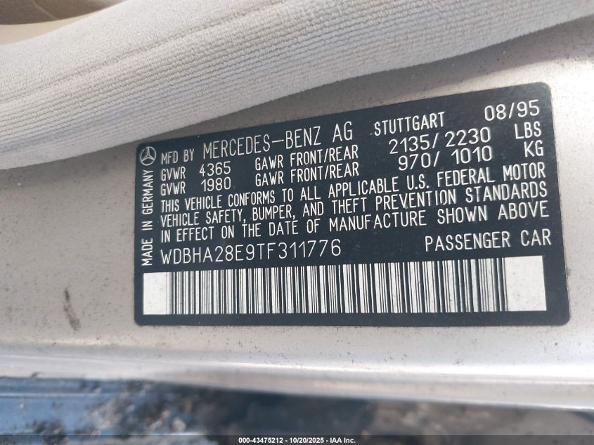 1996 Mercedes-Benz C 280 VIN: WDBHA28E9TF311776 Lot: 43475212