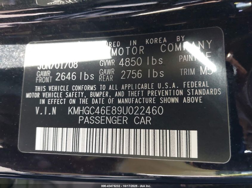 2009 Hyundai Genesis 3.8 VIN: KMHGC46E89U022460 Lot: 43475232