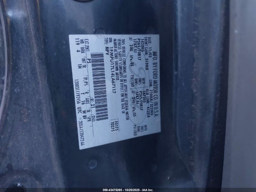 2004 Ford Expedition Eddie Bauer VIN: 1FMPU17L14LA67117 Lot: 43475265