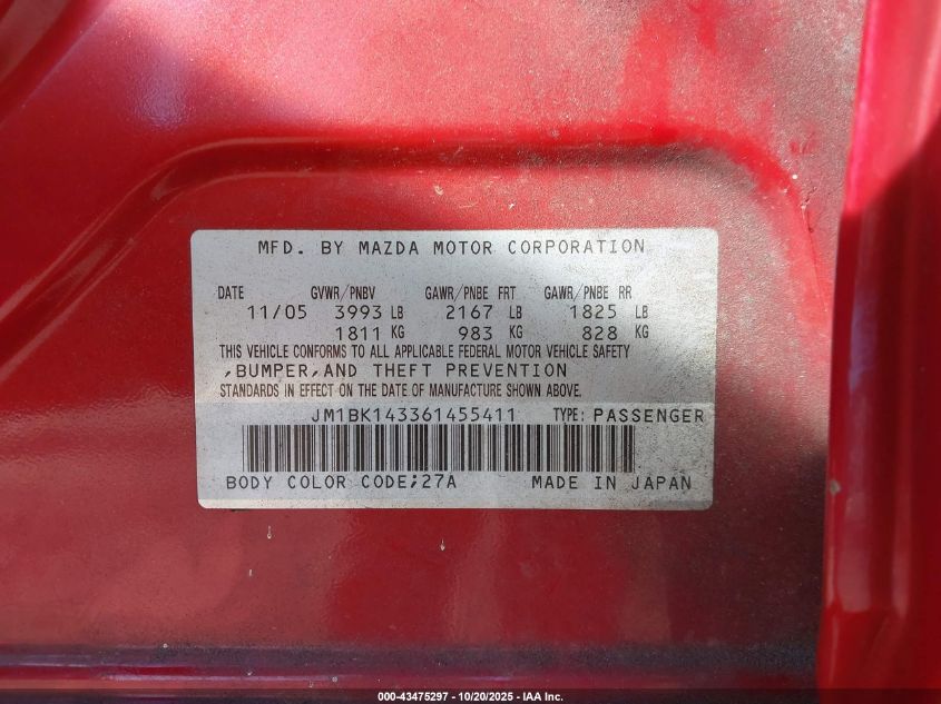 2006 Mazda Mazda3 S VIN: JM1BK143361455411 Lot: 43475297