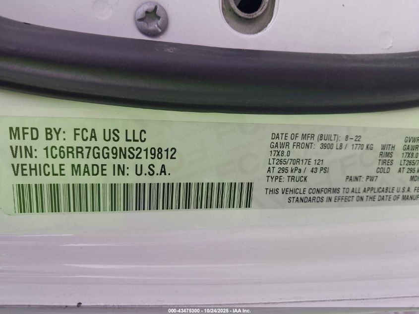 2022 Ram 1500 Classic Warlock 4X4 6'4 Box VIN: 1C6RR7GG9NS219812 Lot: 43475300