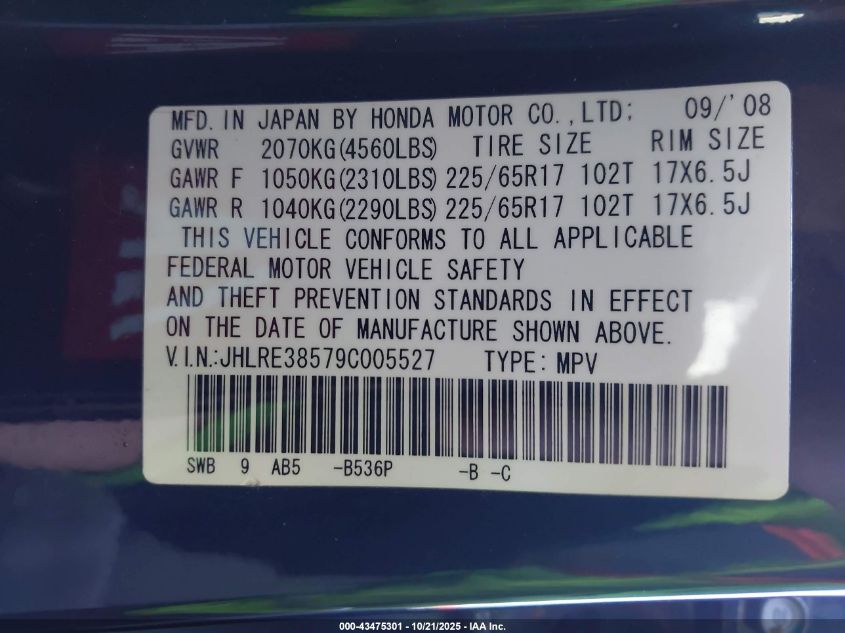 2009 Honda Cr-V Ex VIN: JHLRE38579C005527 Lot: 43475301