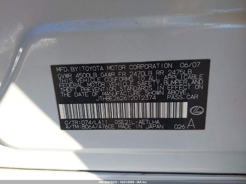 2007 Lexus Is 350 VIN: JTHBE262672012374 Lot: 43475310