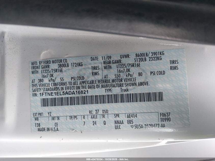 2010 Ford E-150 Commercial/Recreational VIN: 1FTNE1EL5ADA16821 Lot: 43475334
