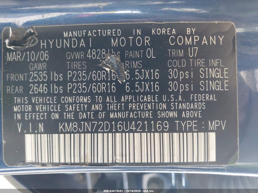 2006 Hyundai Tucson Gls/Limited VIN: KM8JN72D16U421169 Lot: 43475341