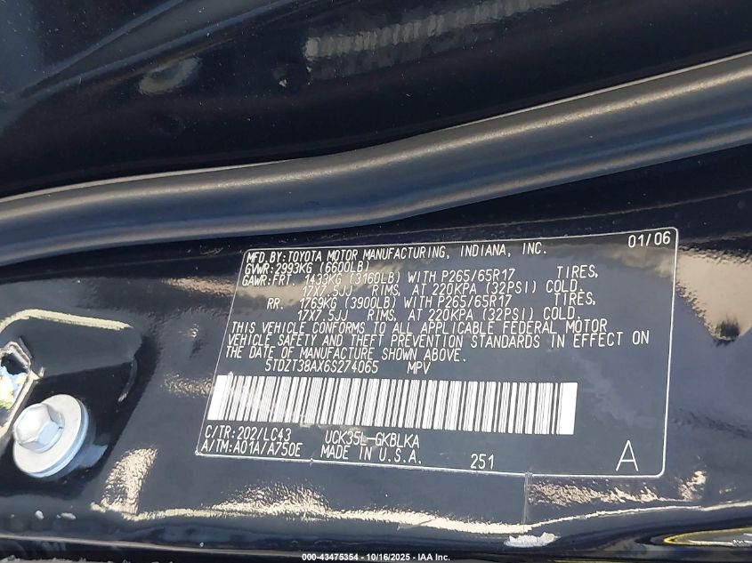 2006 Toyota Sequoia Limited V8 VIN: 5TDZT38AX6S274065 Lot: 43475354