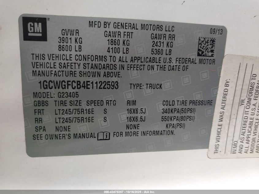 2014 Chevrolet Express 2500 Work Van VIN: 1GCWGFCB4E1122593 Lot: 43475357