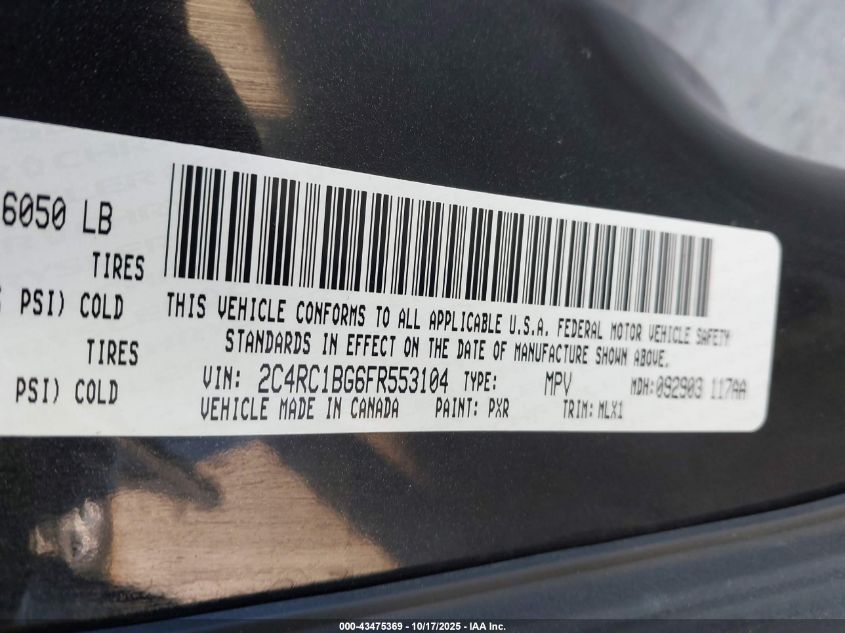 2015 Chrysler Town & Country Touring VIN: 2C4RC1BG6FR553104 Lot: 43475369